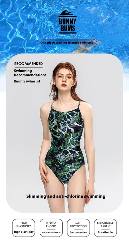 Bunny Bums Green Reptile Design One-piece Swimsuit Racing Training Swimsuit Swimwear
