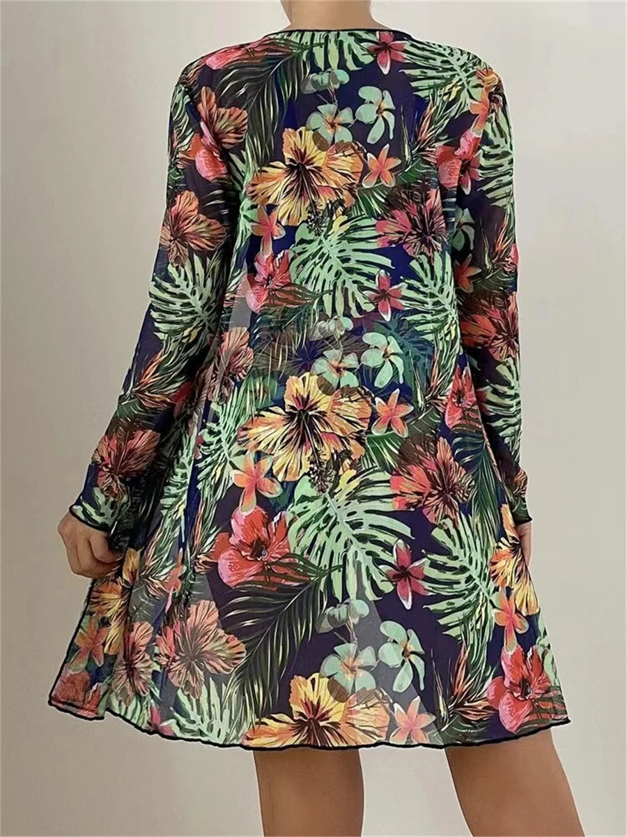 3 Piece Bikini Set Women Cover Up Swimwear Female Tropical Printed Swimsuit Push Up Beachwear Long Sleeve Bathing Suit