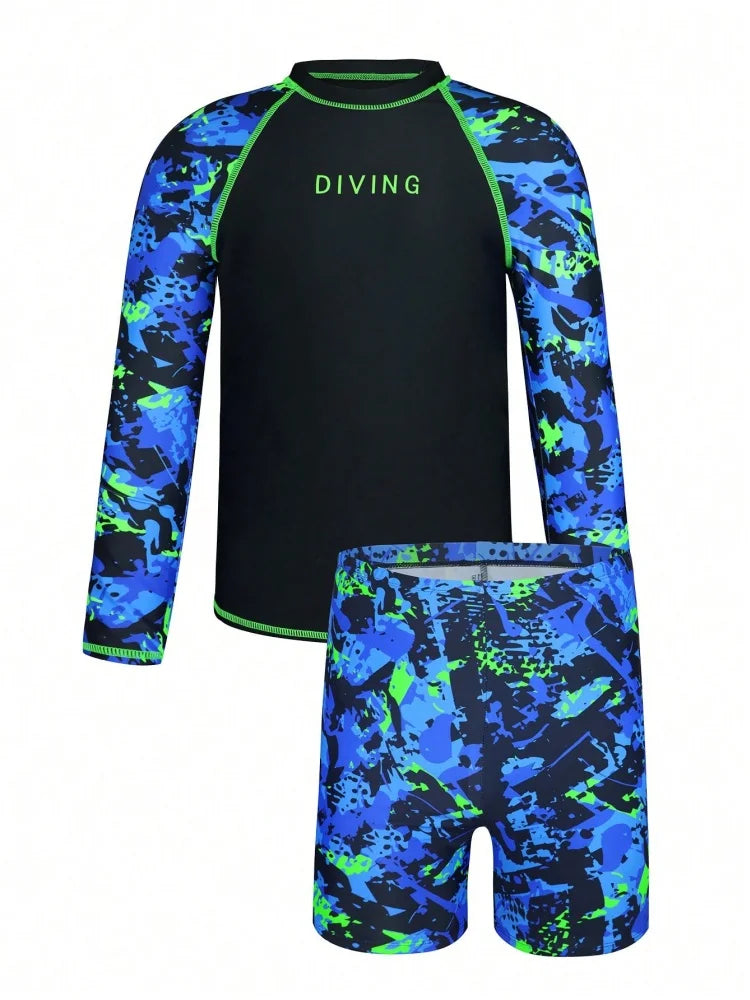Rash Guard Boy Kids Swimsuit Solid Tie Dye Long Sleeves Children Swimwear Summer Two Piece Shorts Beachwear Bathing Suit Swimming
