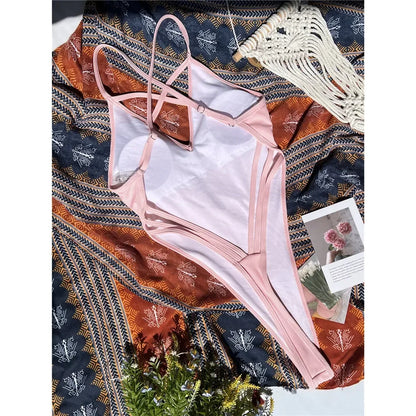 Pink Swimsuit Cross String Backless Micro Bikini Extreme BeachWear One-Piece Monokini Bandage Sexy Women Bathing Suits Swimwears