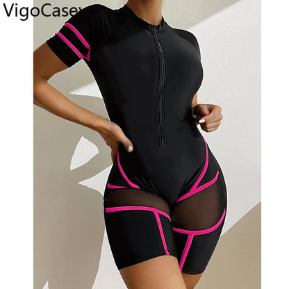 Solid Short Sleeve Swimwear Women Hollow Mesh Push Up One Piece Swimsuit Monokini Summer Beach Bathing Suit