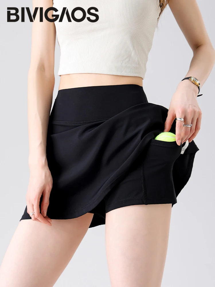Double Stripe Sport Tennis Short Skirts Women Fake Two Piece Stretch Running Fitness Golf A-line Yoga Mini Skirt
