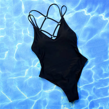 Solid Blue Backless Swimwear One Piece Swimsuit Women Back Cross String Bathers High Cut Bathing Suit