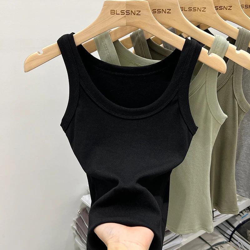 Women Solid Round Neck Ribbed Tank Top Camisole Women  Elastic Tank Top O Neck Solid Tank Top