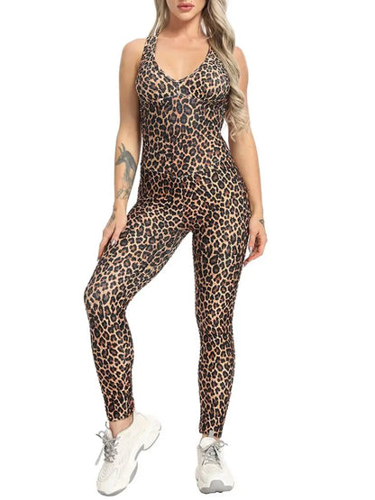 Leopard Print Bodysuit Women Backless Cross Romper Gym Athletic Active Sports One Piece Sportswear Bodycon With Chest Pad