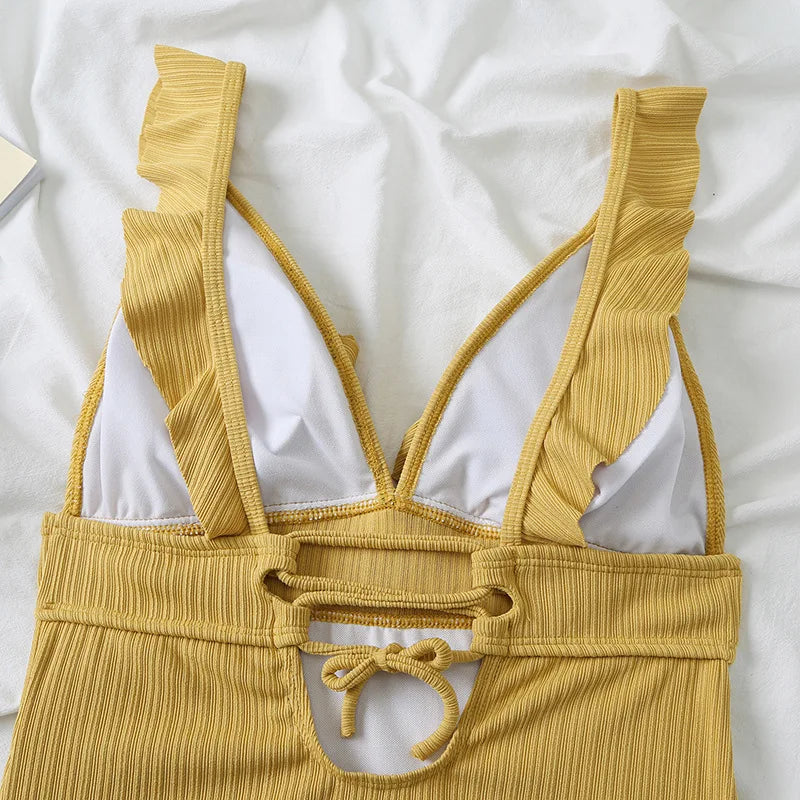 Ruffle Swimsuit One Piece Solid V-neck Backless Swimwear Women Bathing Swimming Swim Suit Female Padded Beach Wear Summer
