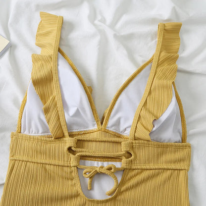 Ruffle Swimsuit One Piece Solid V-neck Backless Swimwear Women Bathing Swimming Swim Suit Female Padded Beach Wear Summer