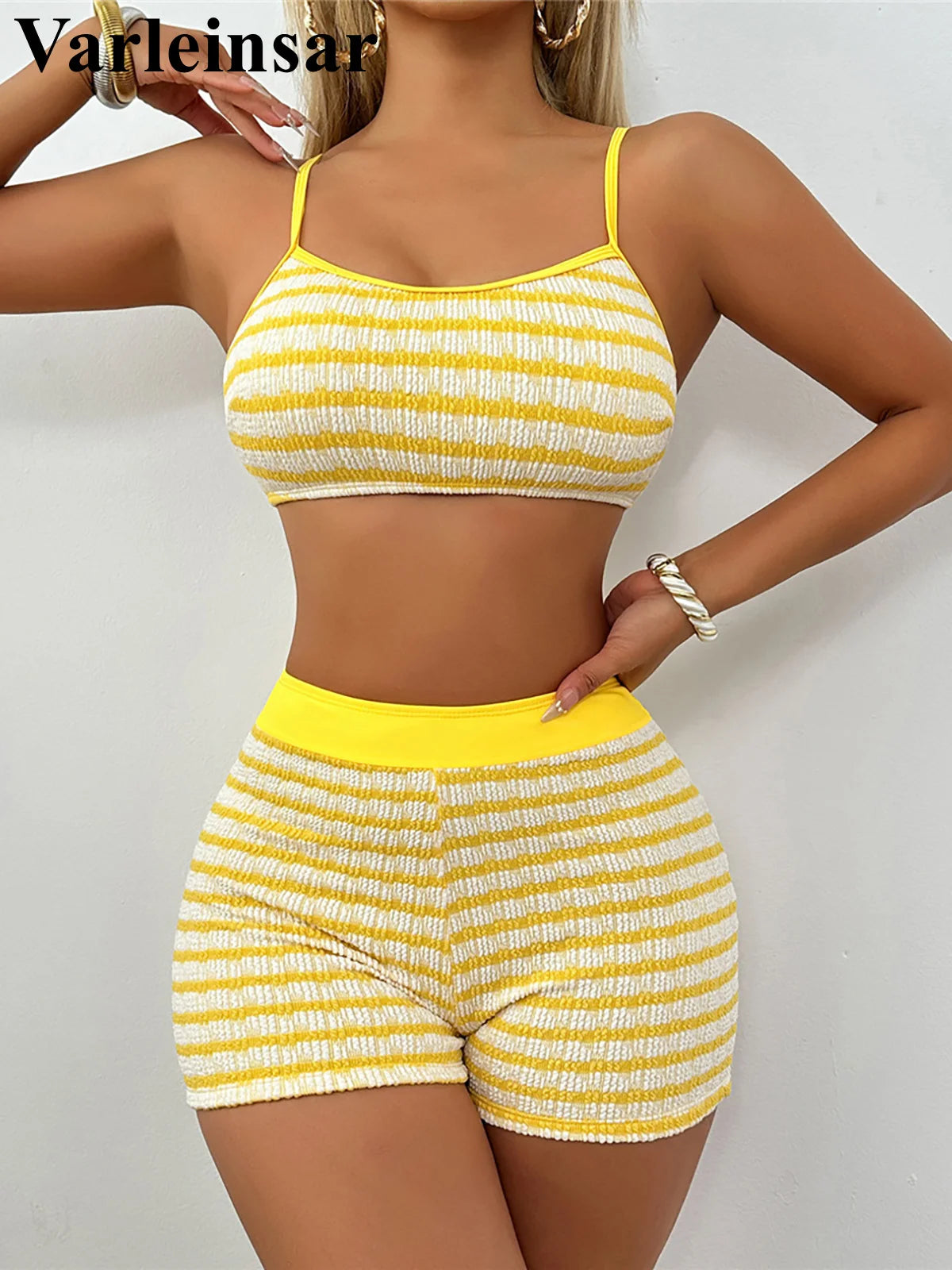S - XL  Striped Shorts High Waist Bikini Female Swimsuit Women Swimwear Two-pieces Bikini set Bather Bathing Suit Swim