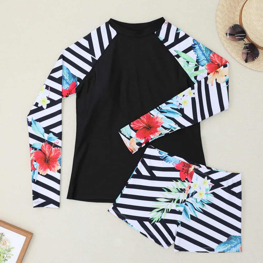 New Women Split Swimwear Long Sleeve Printed Bikini Sexy Surf Sports Swim Suit