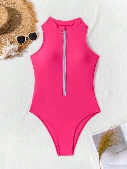 Zipper One Piece Swimsuits Closed Women's Solid Swimwear Sports Swimming Wear Body Bathing Suits Beachwear Pool Bather