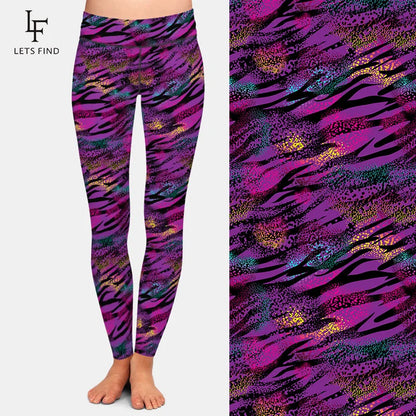 High Quality Milk Silk Print Purple and Black Tiger Stripes Women Leggings High Waist Slim Fitness Leggings