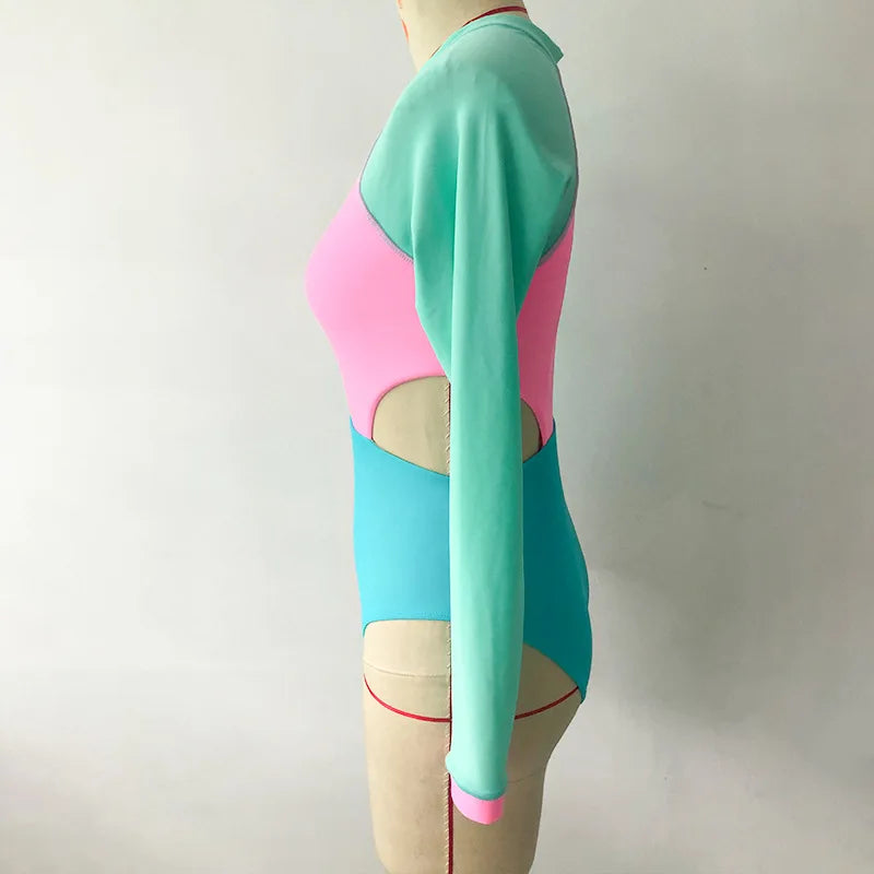 Patchwork One-Piece Swimsuit Long Sleeve Swimwear Sports Backless Women's Swimming Bathing Suit Beach Wear Bather Surfing