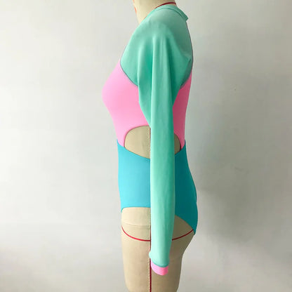 Patchwork One-Piece Swimsuit Long Sleeve Swimwear Sports Backless Women's Swimming Bathing Suit Beach Wear Bather Surfing