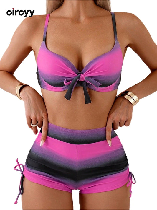 Contrast Color Bathing Suit Women Halter Bow Split Swimsuit High Waisted Lace Up Swimwear Beachwear Bikini Bathers