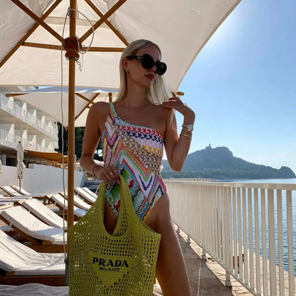 One Shoulder One Piece Swimsuit Women Swimwear Bodysuit Monokini Print Swim Suit Bathing Suit Beachwear