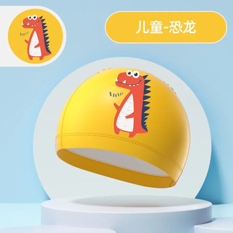 Children's Swimming Caps Boys Girls Kids Cartoon Swim Hat High Elastic Ear Protection PU Waterproof Swimming Cap