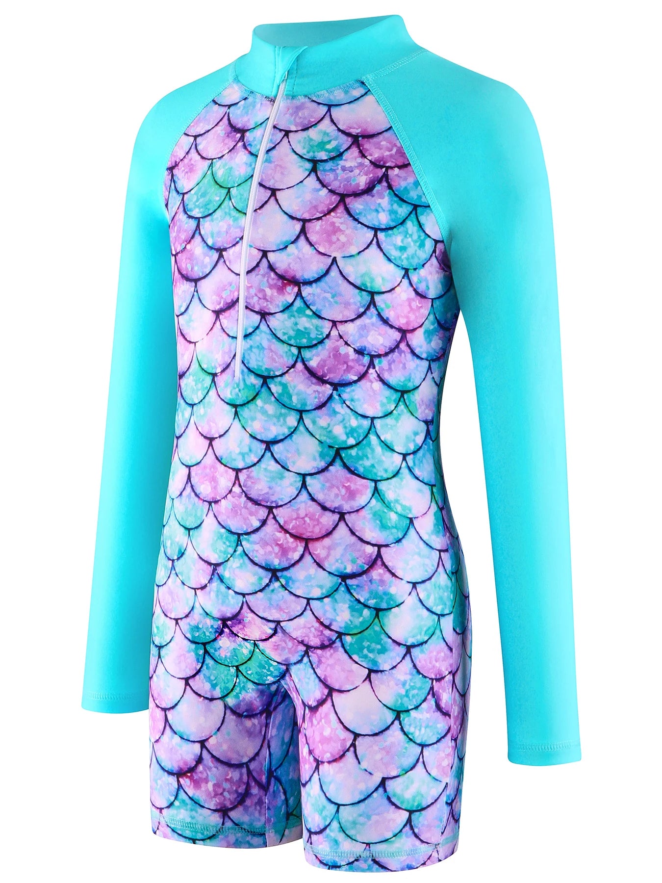 Boyleg Shorts Swimwear Kids Girl Long Raglan Sleeve Swimming Suit Kids Scale Print Ombre Dyeing Color Zipper Beach Swimsuit