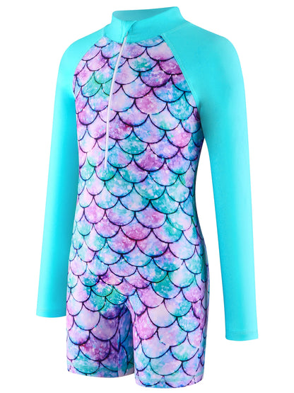 Boyleg Shorts Swimwear Kids Girl Long Raglan Sleeve Swimming Suit Kids Scale Print Ombre Dyeing Color Zipper Beach Swimsuit