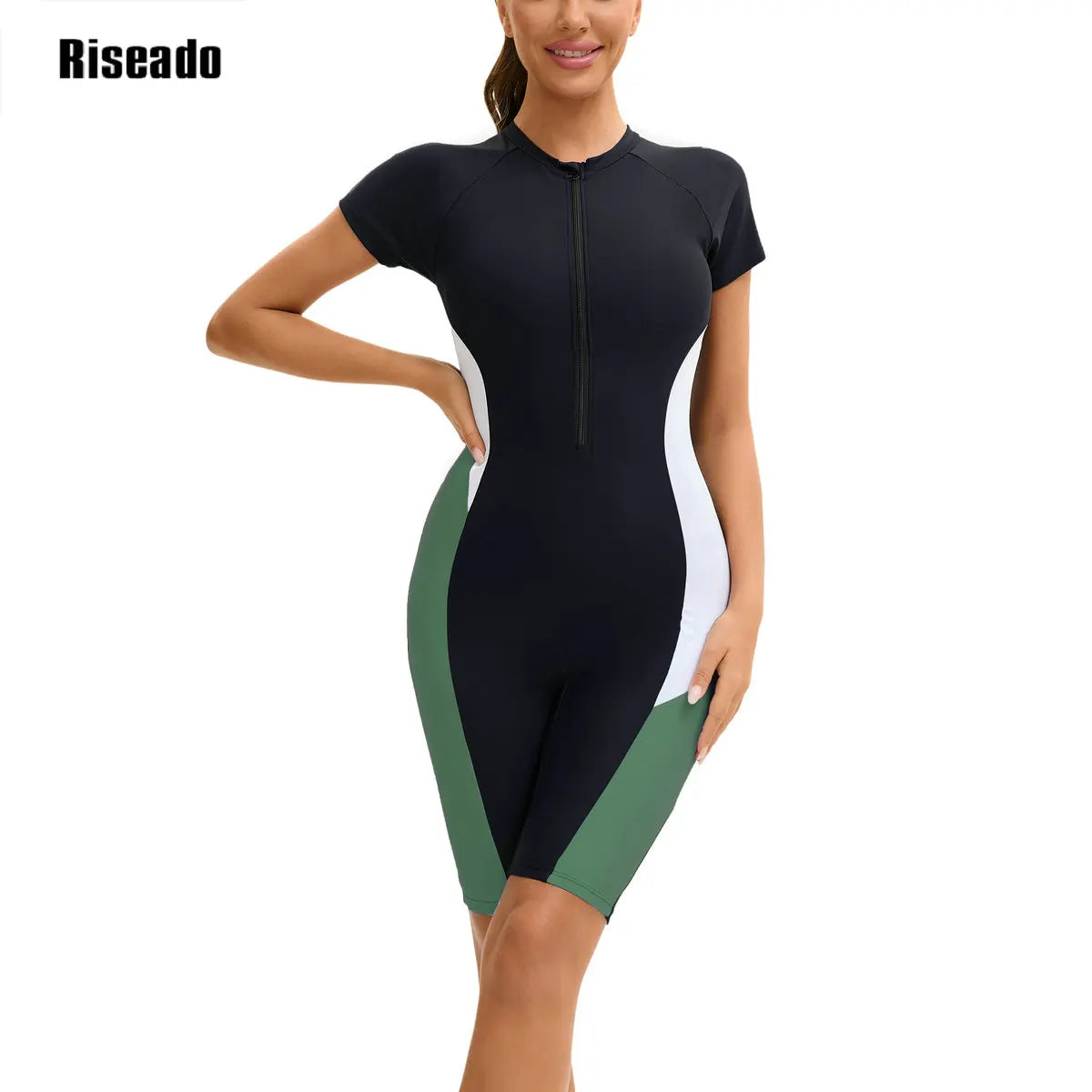 Rash Guard Women's UPF 50+ UV Protection Short Sleeve One-Piece Swimsuit Zip Sun Protection Swimwear Surfing