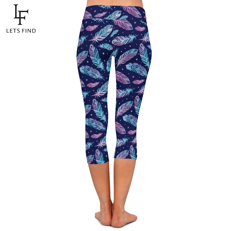3D Feather Digital Print Leggings High Waist  Mid-Calf 3/4 Stretch Leggings Women Pants Summer New
