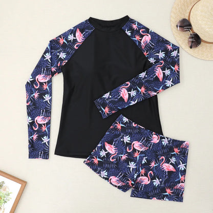 New Women Split Swimwear Long Sleeve Printed Bikini Sexy Surf Sports Swim Suit