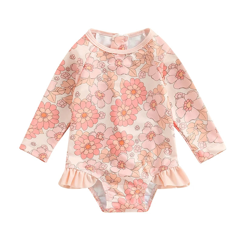0-4Y Toddler Baby Girl Swimsuit Romper 4 Colors Flower Print Long Sleeve Ruffle Bikini Bathing Suit