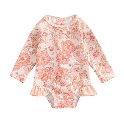 0-4Y Toddler Baby Girl Swimsuit Romper 4 Colors Flower Print Long Sleeve Ruffle Bikini Bathing Suit