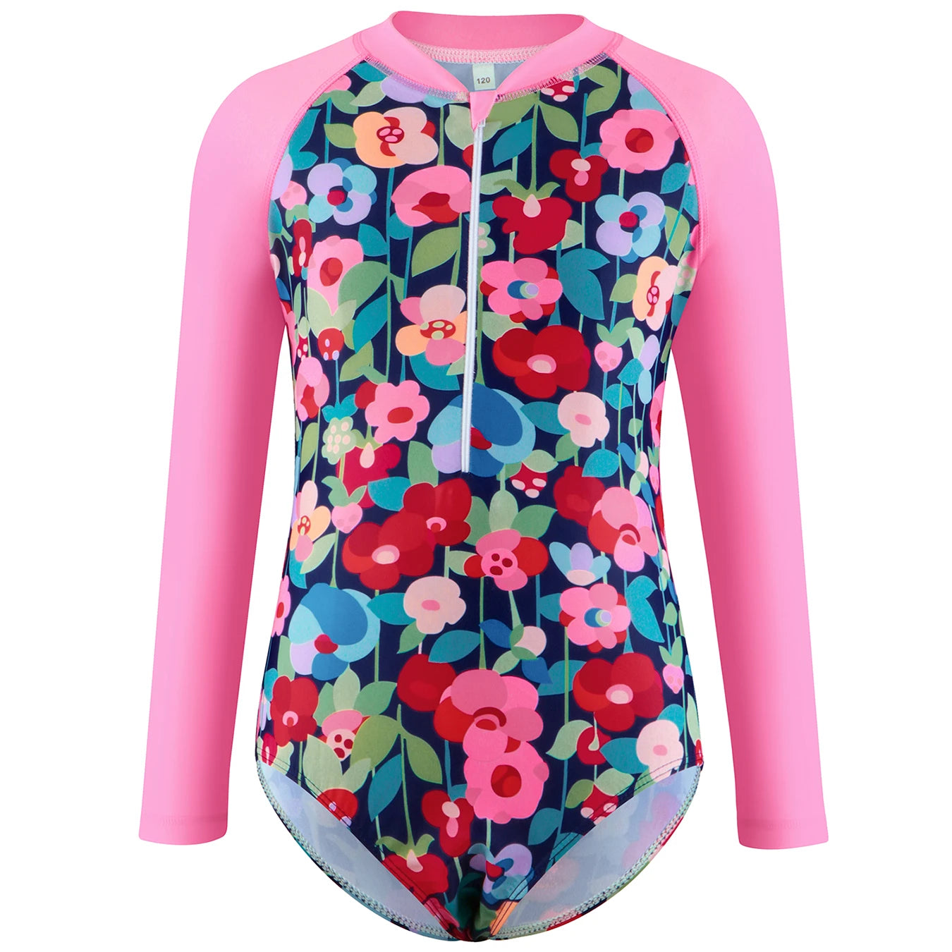 Kids Girls Swimwear One-Piece Swimsuits Summer Floral Print Long Sleeve Zipper Jumpsuit Beachwear Bikini Cut Bottom Swimming Top