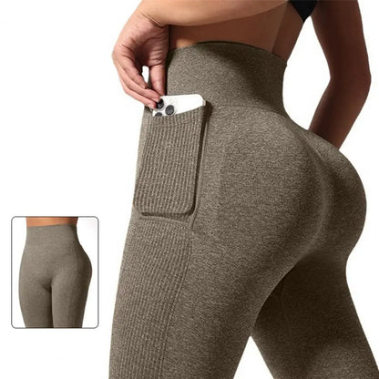 Seamless Leggings Yoga Woman Fitness Elastic Breathable Hip-lifting Leisure Sports Tights Side Pocket Style Gym Trousers