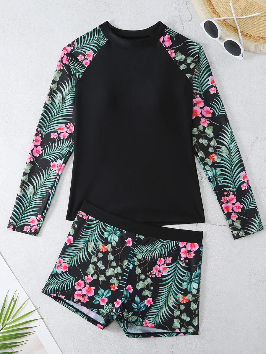 Long Sleeve Surfing Swimsuit Print Swimwear Women Two Pieces Diving Clothes Beachwear Bathing Swimming Swim Suit