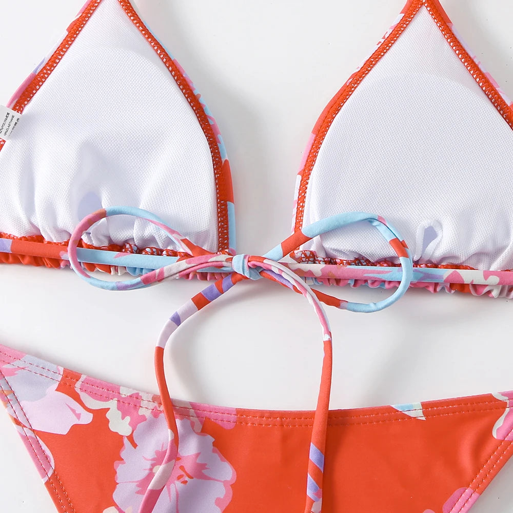 Halter Printed Bikini Women Thong Swimwear Female Triangle Swimsuit Bathers Bathing Swimming Swim Suit Beachwear Summer