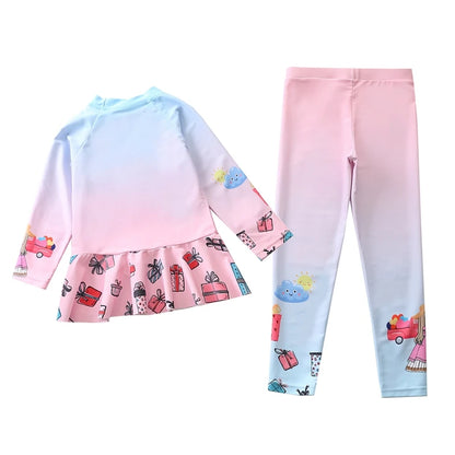 Swimsuit for Girls Long Sleeve Ruffles Girls Swimwear Cartoon Print Separate Bathing Suit Kids 2 Pcs Beach Surfing Swimming Wear