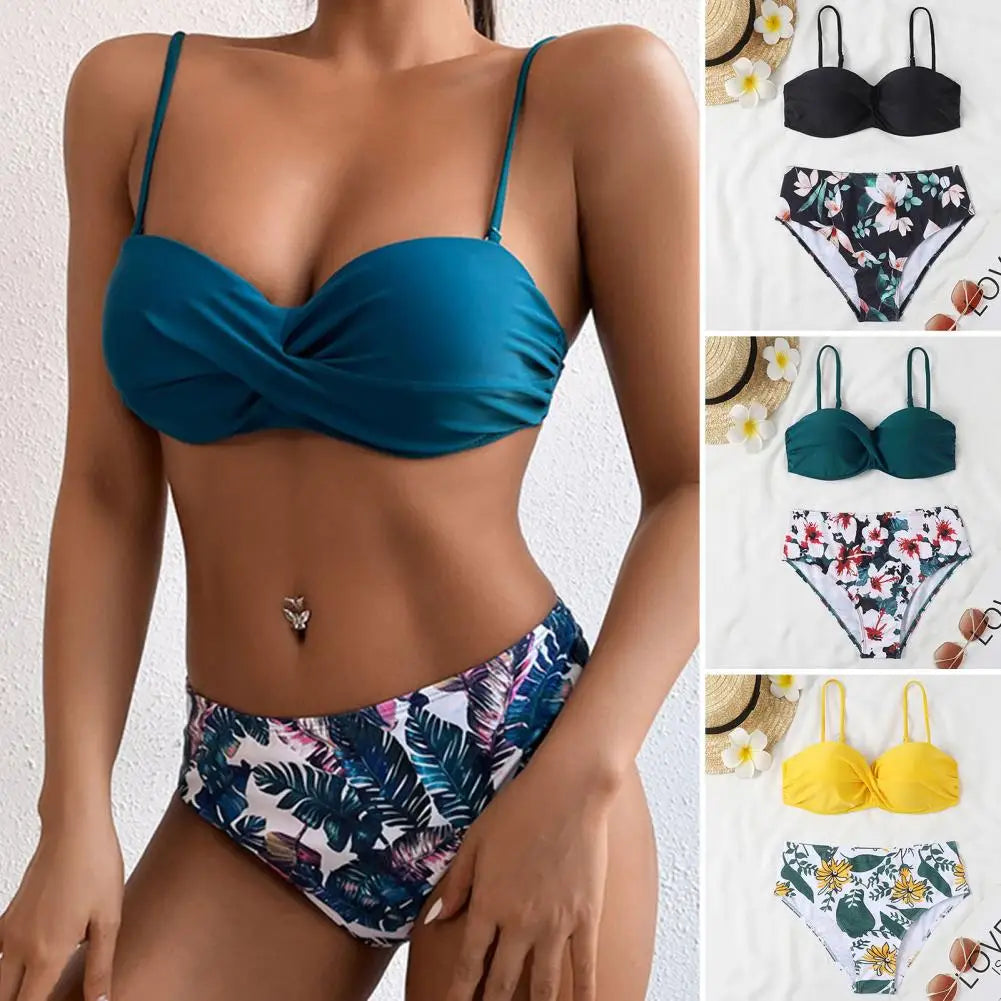 Women Bikini Set Solid Color Underwire Padded Push-Up Split Bikini Bra Print High Waist Bottoms Swimsuit Women Bathing Suit