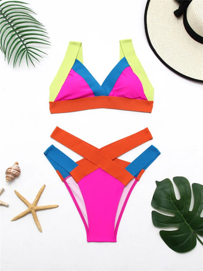 High Waist Bikini Strapped Swimsuit Block Color Women Solid Swimwear Female Bathers Bathing Swimming Suit Beachwear Summer