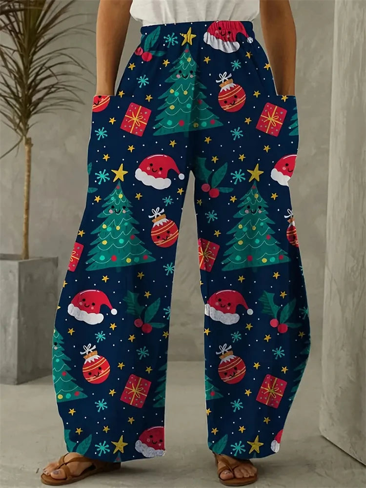 Women's Wide Leg Pants Christmas Tree Printed Trousers Women's Casual Christmas Gifts Elegant And Exquisite Pants