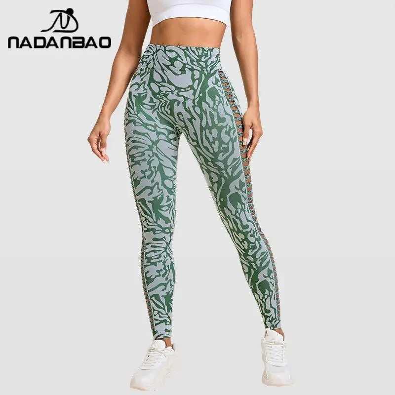 Nadanbao Women's Seamless High Waist Pants Jacquard Peach Hip Slim Leggings Stretchy Hollow Bottoms Sports Fitness Yoga Trousers