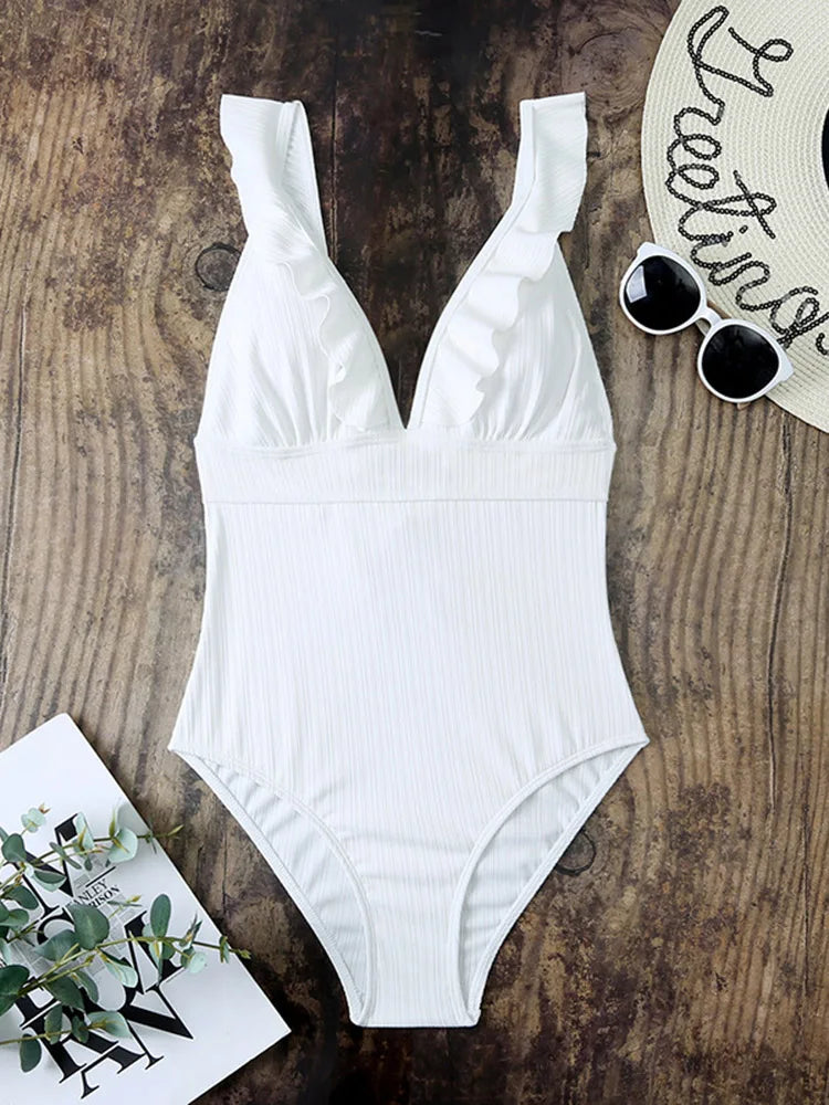 Ruffle Swimsuit One Piece Solid V-neck Backless Swimwear Women Bathing Swimming Swim Suit Female Padded Beach Wear Summer