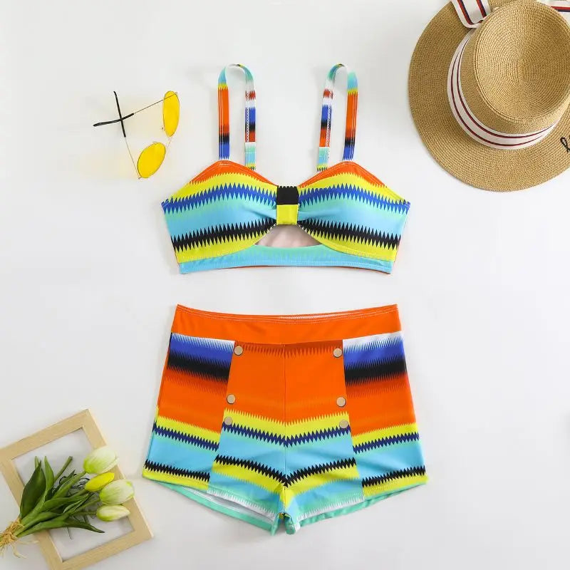 Summer Beach Striped Print Ruched Bikini Set Swimwear Bathing Suit For Women