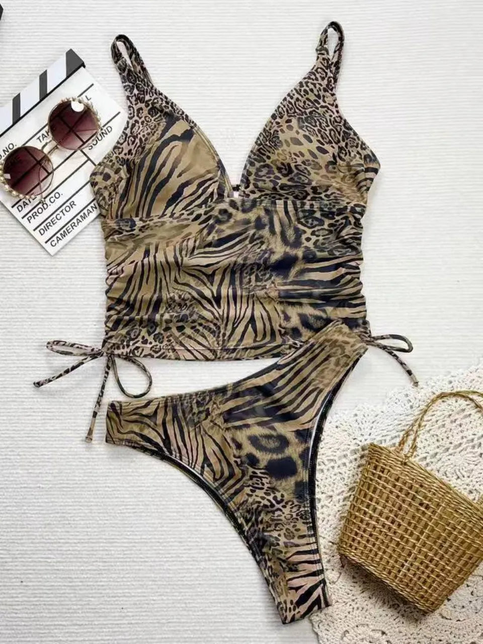 Strappy Drawstring Two Pieces Triangle Swimsuit Women Leopard Plunging Swimwear Female Bathing Swimming Suit Beachwear