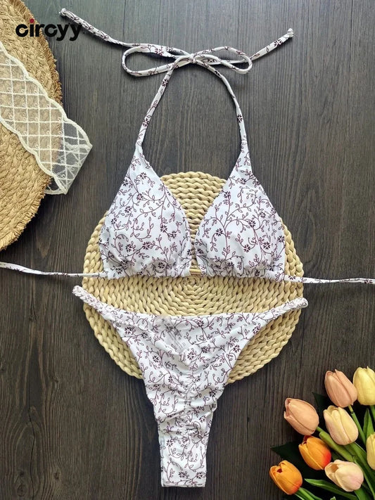 Bikini Set Women Swimsuit Printed Halter Lace Up Two-Piece Swimwear Backless Bathing Summer Fashion Female Beachwear