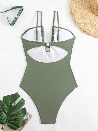 Slim Strappy Swimsuit One Piece Army Green Tie String Swimwear Female Bathers Bathing Swimming Suit Padded  Beachwear