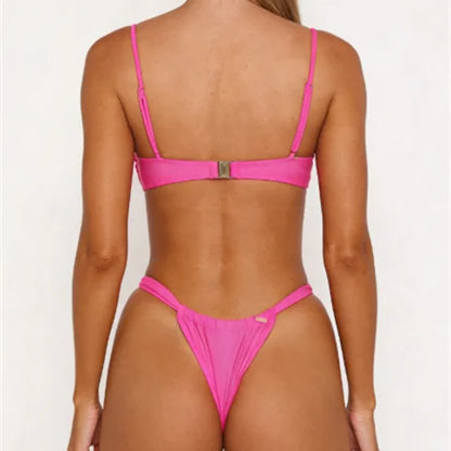 Women High Cut Two Piece Swimwear Holiday Ruched Bikini Set 2Pcs Swimsuits  Bikini Beachwear Vacation Summer Beachwear