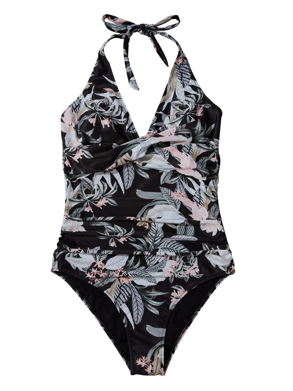 Halter Swimsuit Women One Piece Printed Cross Smocked Swimwear Female Bodysuit Bathing Swimming Suit Padded Beachwear