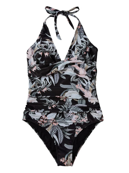 Halter Swimsuit Women One Piece Printed Cross Smocked Swimwear Female Bodysuit Bathing Swimming Suit Padded Beachwear