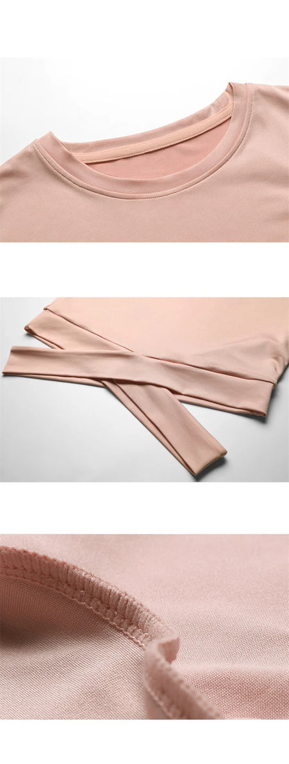 Aiithuug Waist Yoga Short Sleeve Crisscross Waist Breathable Gym Shirts Sports Tops Workout Fitness Crop Top Yoga Top