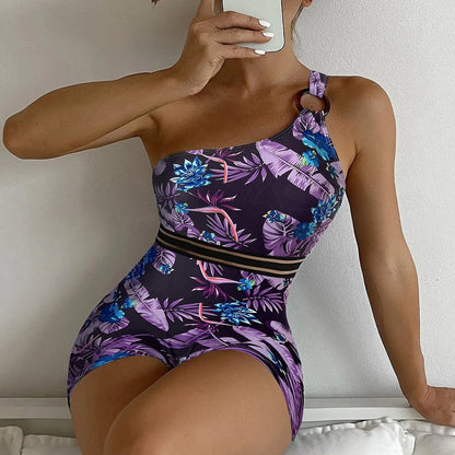 Women's Sloping Shoulder Swimwear One Piece Integrated Design Swimsuit Flower Print High Waisted Outdoor Beach Summer