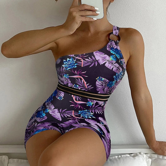 Women's Sloping Shoulder Swimwear One Piece Integrated Design Swimsuit Flower Print High Waisted Outdoor Beach Summer