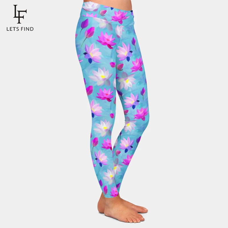 Lotus Flowers Digital Printing Women High Waist Elastic Pants High Quality Workout Stretch Leggings