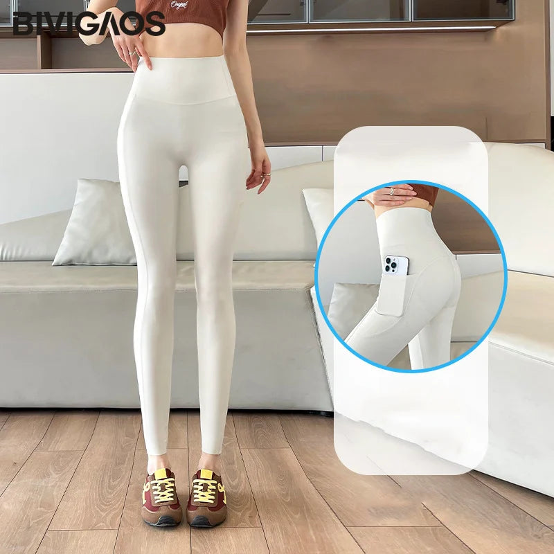 Side Pocket Sharkskin Leggings Women High Waist Tight Fitness Yoga Leggings Push Up Running Leggings