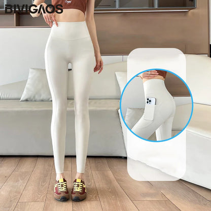 Side Pocket Sharkskin Leggings Women High Waist Tight Fitness Yoga Leggings Push Up Running Leggings